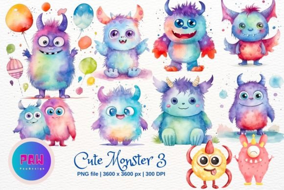 Download Cute Monster 3 Watercolor Sublimation - Watercolor sublimation Collection