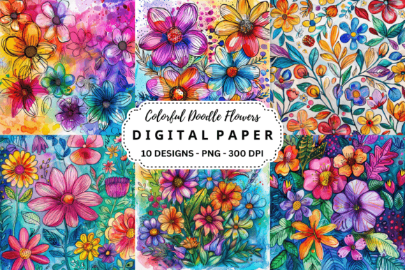 Download Colorful Doodle Flowers Background - Flowers background Collection